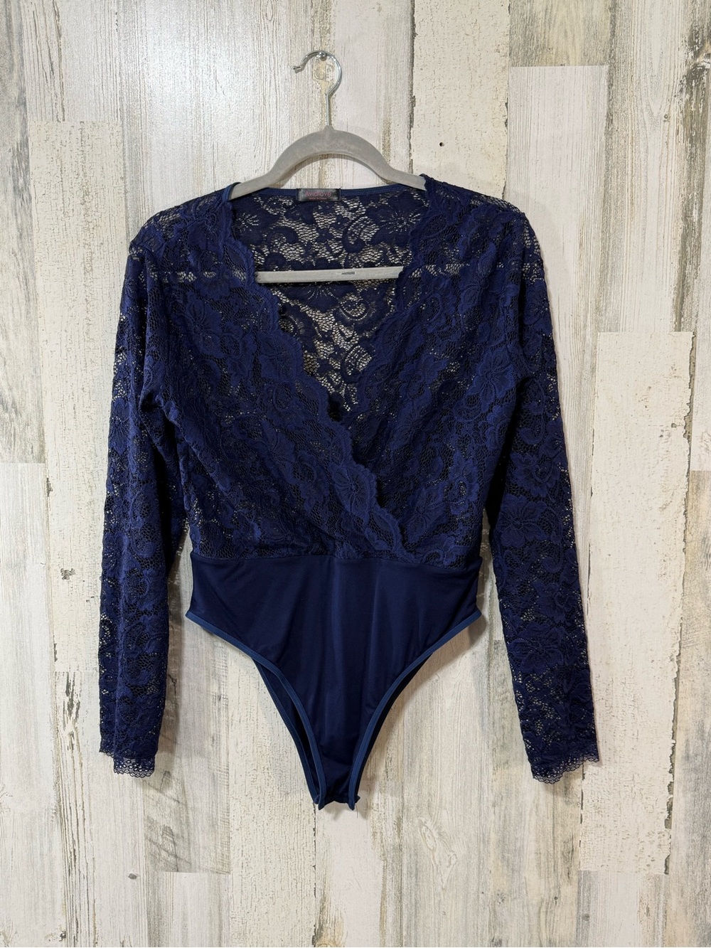 Lace Bodysuit Long-Sleeve V-Neck Bodysuit Navy